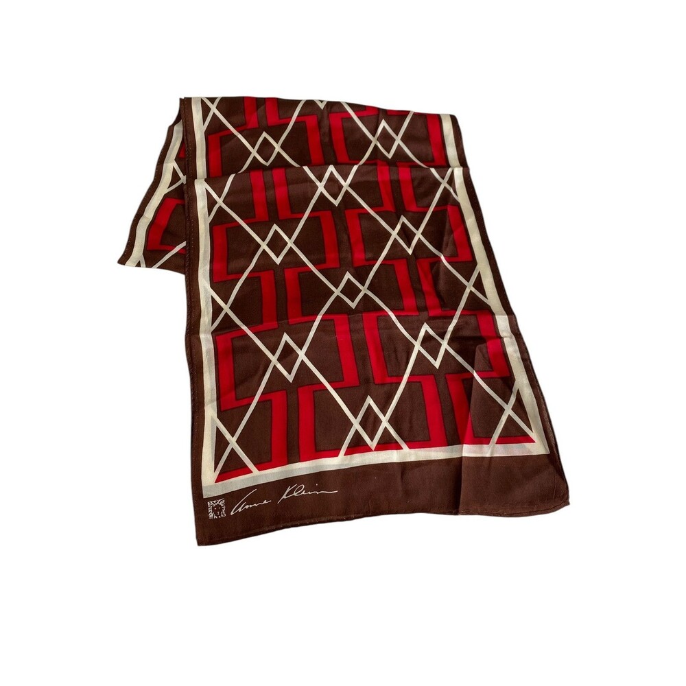 Anne Klein Geometric Oblong Scarf Brown Red Beige Silk Feel 54 x 11